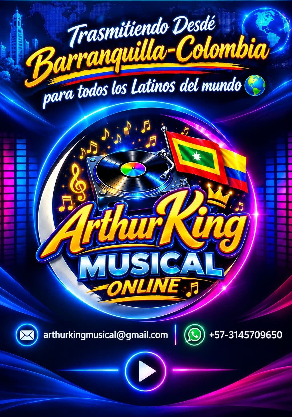 Arthur King Musical Online. Transmitiendo desde Barranquilla, Colombia para todos los latinos del mundo. Correo: arthurkingmusical@gmail.com. WhatsApp: +57 3145709650.